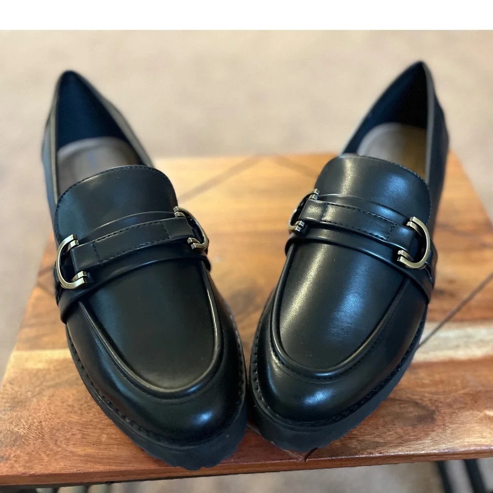 Easy Spirit Womens Black Lug Sole Loafers Metallic Strap Shoes‎ 9.5M
